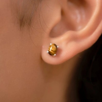Tigers Eye 925 Sterling Silver Stud Earring Oval Gemstone Jewelry