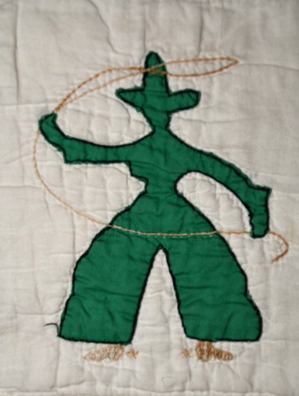 Vintage Feedsack  Applique Horse Cowboy Western Cutter Quilt Block Piece Green