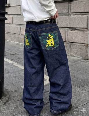 Baggy Jeans Stickerei Denim dunkelblau Japan Style 90er Streetwear y2k HipHop