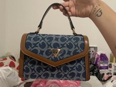 Real GUESS Brand Dark Denim and Caramel Brown Color Purse (Chain Included) New