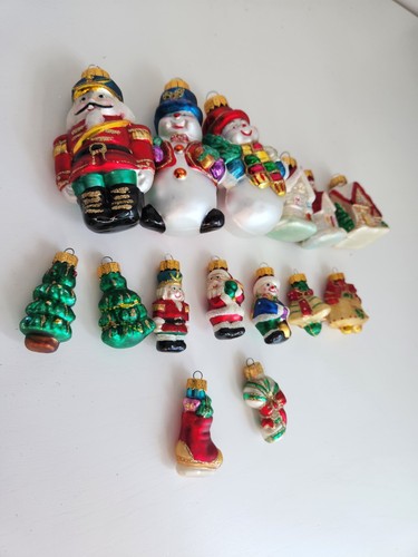 15 Vintage Small Glass Christmas Ornaments Snowman Nutcracker Bell Stocking Cane - Picture 2 of 17