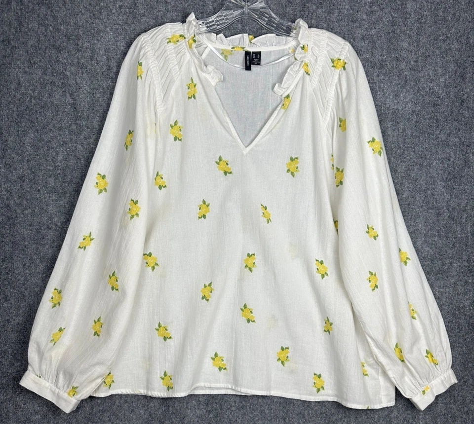 Blusa Camponesa Vero Moda Branca Floral Feminina Extra Grande Manga Longa Decote Babado Boho Top - Imagem 2 de 4
