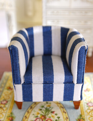 Beautiful Dollhouse Striped Blue &White Single Sofa Chair Miniature Fabric  Chair