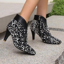 Women's Pointed Toe High Heels Sequins Zip Ankle Boots Party Casual Dress Shoes