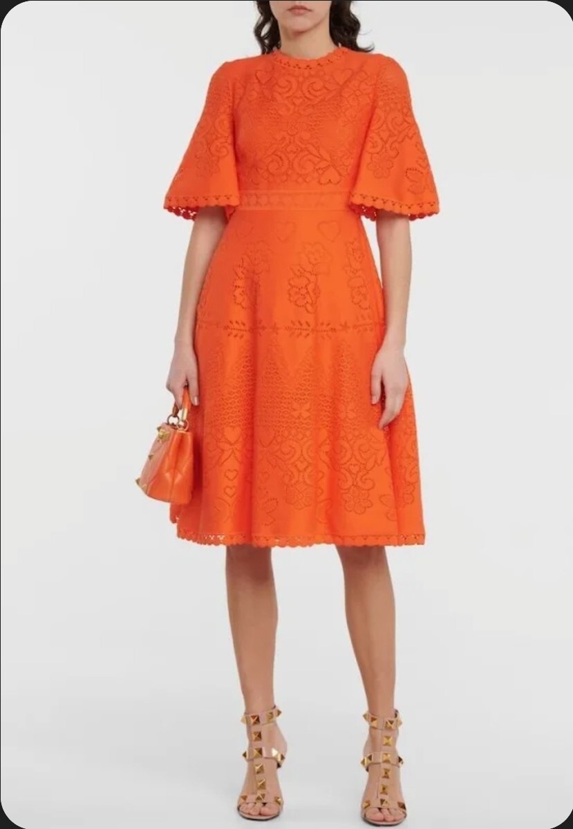 Valentino Women's Orange Pointelle Cotton Blend A-Line Dress