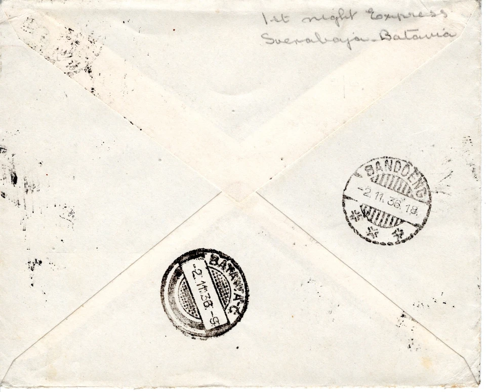 Cubierta de las Indias Orientales Holandesas Bandoeng Night Express Cachet Railway Batavia 1936 DL106 - Imagen 3 de 4