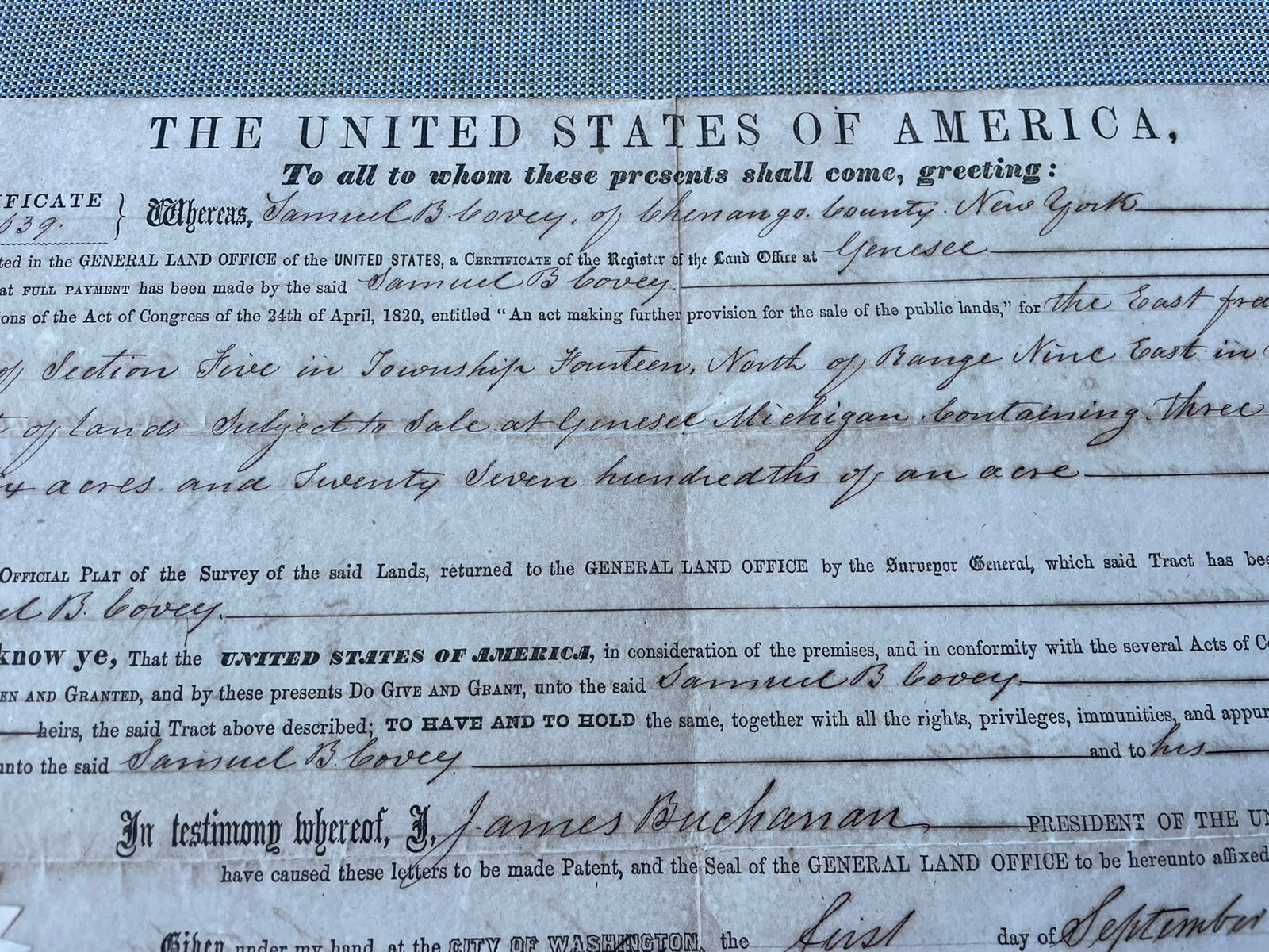 J B Leonard New York Land Grant 1867 on Vellum Historical Document