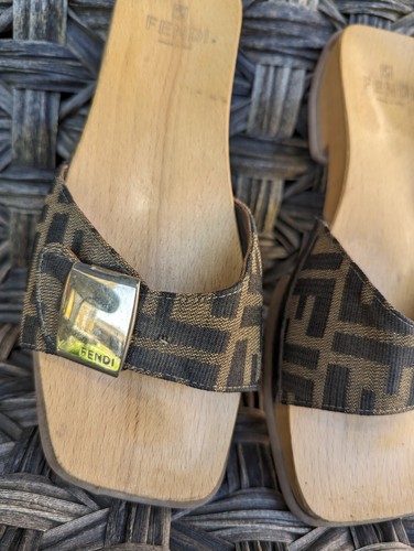 Vintage Fendi Canvas Buckle Wooden Slides 37 - Picture 3 of 11