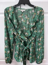 Max Studio Shirt Womens XL Green Floral Ruffled Blouse Slimming Workwear Cinched