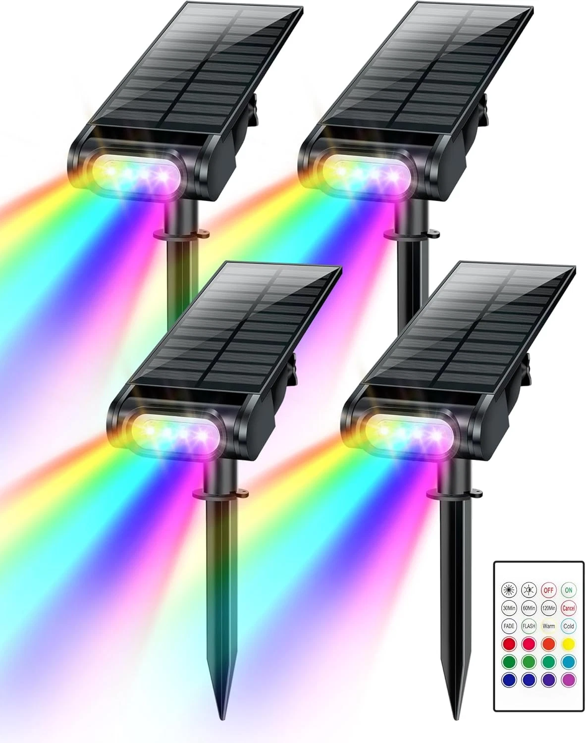 RGB Color Changing Solar Spotlights with Remote Timer - 4 Pack