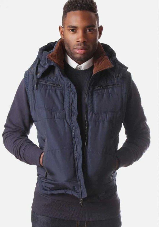 DIESEL Wilfrid Puffer Vest Jacket Mens Navy Blue/Brown Hooded - Small - Image 3 of 3
