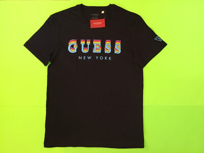 New GUESS Los Angeles Men s Short Sleeve T-Shirt NYC Size LARGE Black w/Rainbow