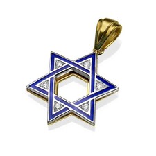 Diamond Star of David Pendant in 14K Yellow Gold with Blue Enamel Jewish Jewelry
