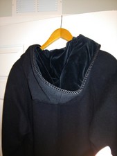 Black Wool Halston Woman's Coat, Hooded, Velvet Trim