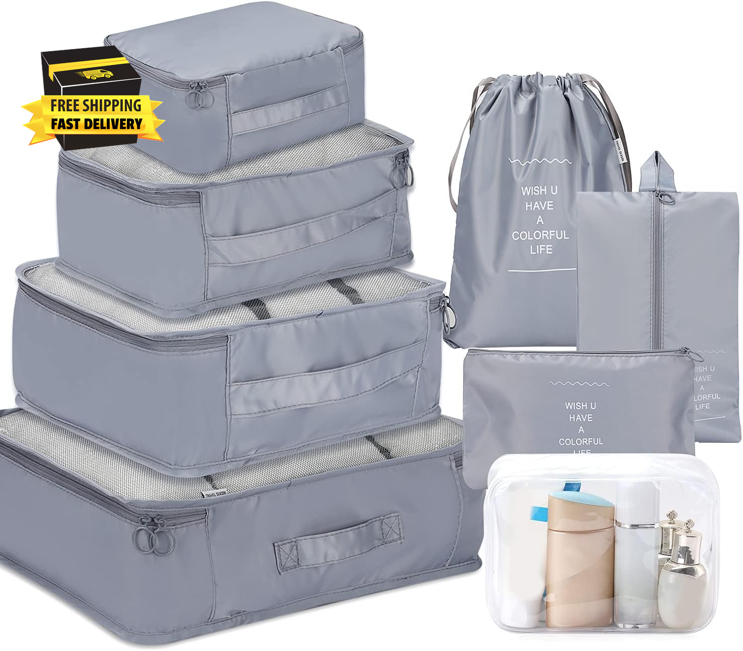 8 Set Packing Cubes -  6 Travel Organizer Luggage Compression Pouches + 1 Shoes