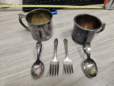 Antique Silver Plated 2 Baby Cups Fork Bent Spoon Set - Great Condition