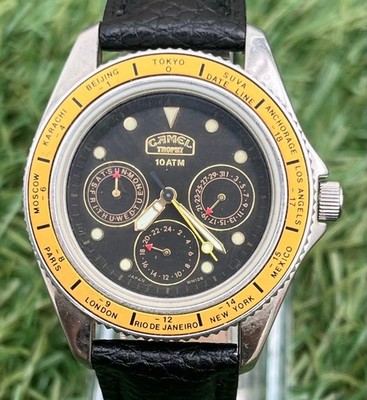 CAMEL Trophy CT-09 Day-Date Quartz Men's Vintage Watch Black Leather 36mm