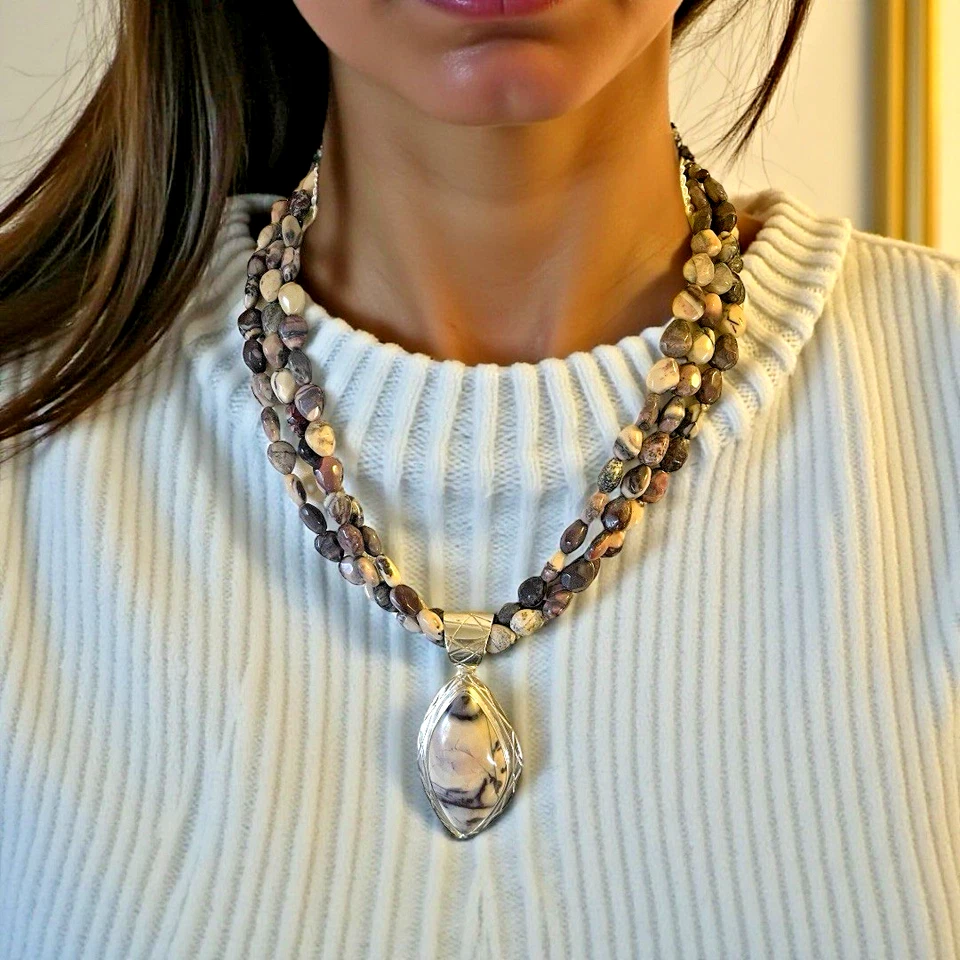 NUEVO Colgante Jay King DTR 925 Ópalo Dendrítico Esterlina con Collar de Cuentas de 3 Hilos Foto 4 de 4