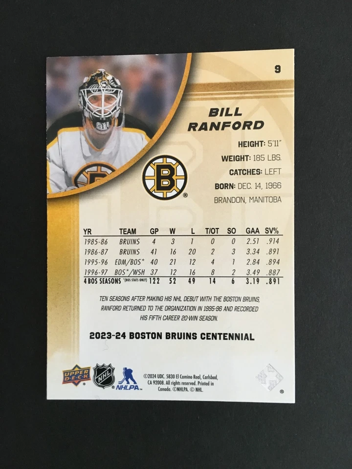 比尔·兰福德 #9 亲笔签名 2023/24 U.D.  BRUINS 黄色世纪卡 — 第 2/2 张图片