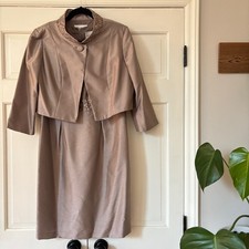 David's Bridal Taupe Beaded Dress and Jacket Set Ensemble Size 12 Wedding Attire