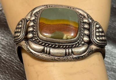 Vintage Hopi Julian Fred Sterling Silver Jasper Petrified Wood ? Cuff Bracelet