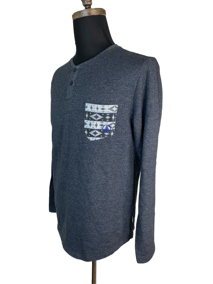 Volcom Henley Shirt Mens Large Gray Aztec Pocket Long Sleeve Skater Y2K - Image 2 of 4