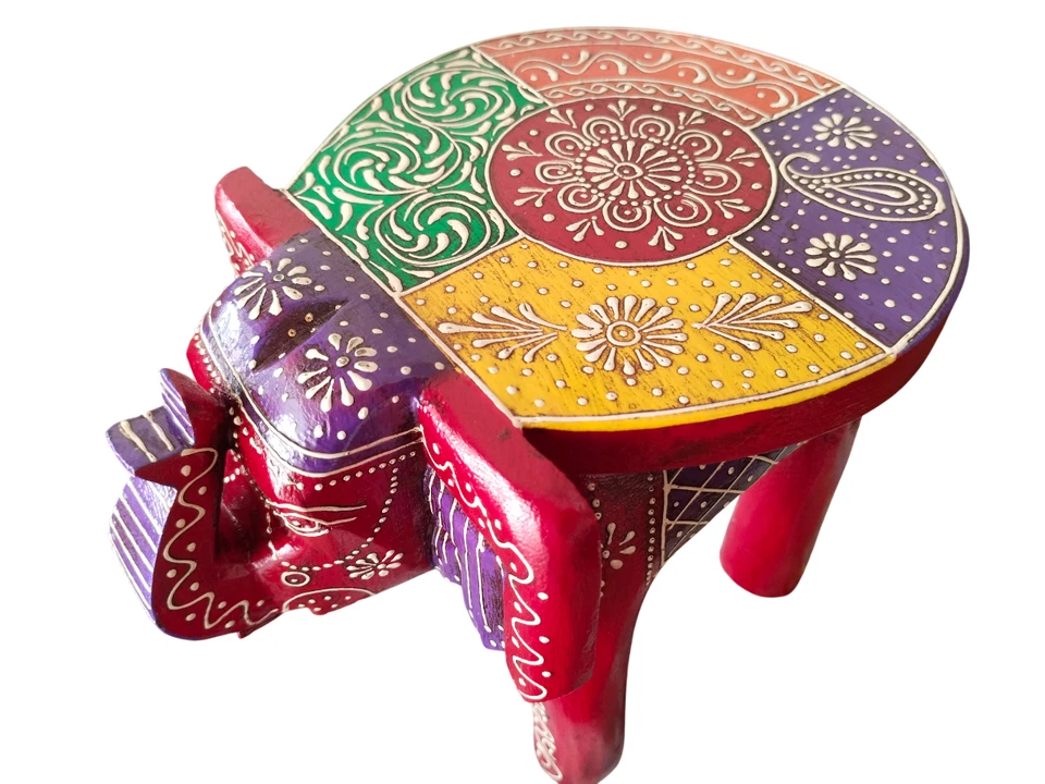 Indian Hand Painted Wooden Elephant Shape Home Decor Side Table Statue Table - Image 4 of 4