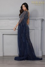 Terani Couture - Size: 6 - One Shoulder Cape Sleeve Gown - Navy - 1922GL0649