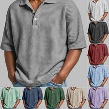 Mens Waffle Knit Short Sleeve Polo Shirt Text...