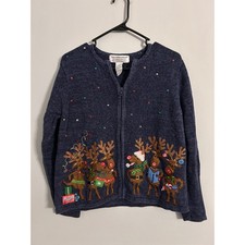 Tiara International Christmas Reindeer Sequin Zip Up Cardigan Sweater Blue Large