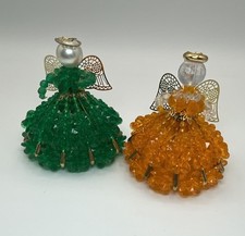 2 Handmade Vintage Beaded Safety Pin Angels Christmas Ornaments Green  Orange