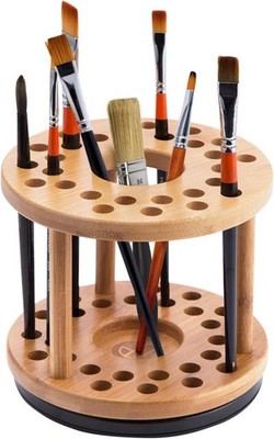 360-Degree Rotating Brush Holder Bamboo Watercolor Brush Storage Stand