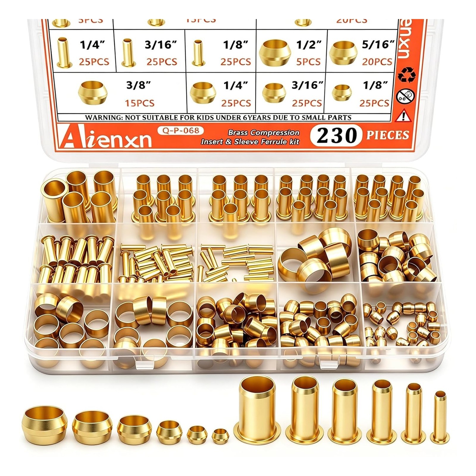 230PCS 6 Sizes Brass Compression Fittings Assortment kit
