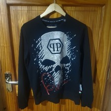 PHILIPP PLEIN Sweatshirt Mens 💀 Skull Rhinestone Crew Neck Cotton Black Size S