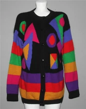 VTG RAFAELLA Bright Colorblock Geo Angora Lambswool Long Button Cardigan Wms M/L