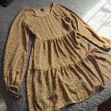 Wild Fable Mustard Yellow Floral Tiered Babydoll Dress Long Sleeve Womens Size M
