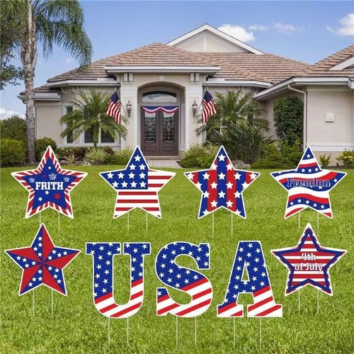 4th Of July Yard Signs With Stakes Decorations, 9 Pcs Patriotic Independence Mem