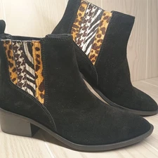 Crown Vintage Tolana Ankle Boots Womens 6.5 Black Suede Cow Hair Cheetah Zebra
