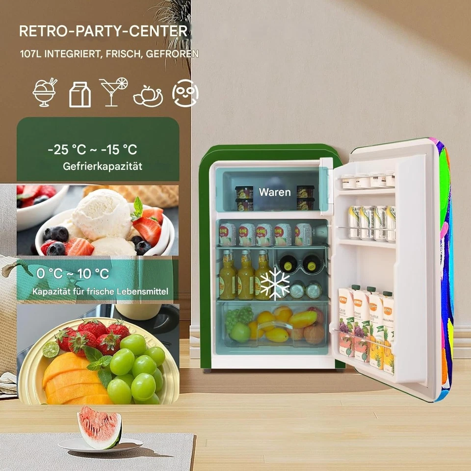 HCK Mini Kühlschrank mit Gefrierfach 107 L Kühlfach Designer Retro Kunst NEU! - Bild 3 von 4