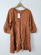 Mango MNG Smock Mini Dress Womens UK6 Brown VNeck Tiered Casual