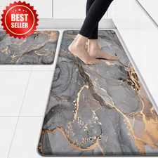 2pc Grey Kitchen Mat Set Anti Fatigue Non-Slip Waterproof Memory Foam Rug