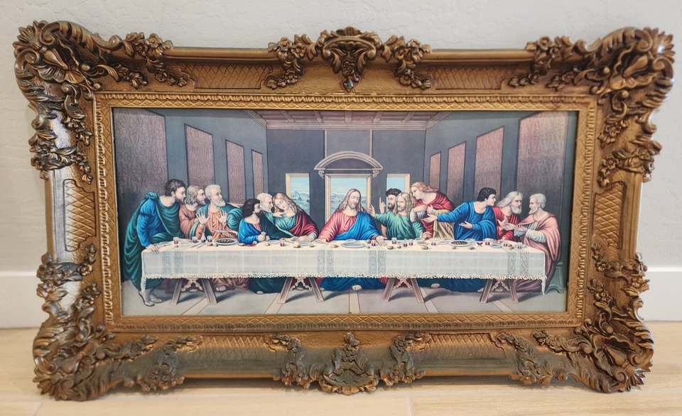 Cuadro enmarcado grande vintage de Jesucristo Señor ÚLTIMA CENA ~ ¡HECHO EN ITALIA! Foto 3 de 4