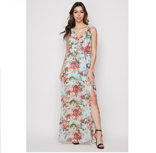Teeze Me Junior Womens 3/4 Aqua Pink Floral Print Ruffle Surplice Maxi Dress  NWT | eBay