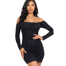 Black Off Shoulder Ruched Dress