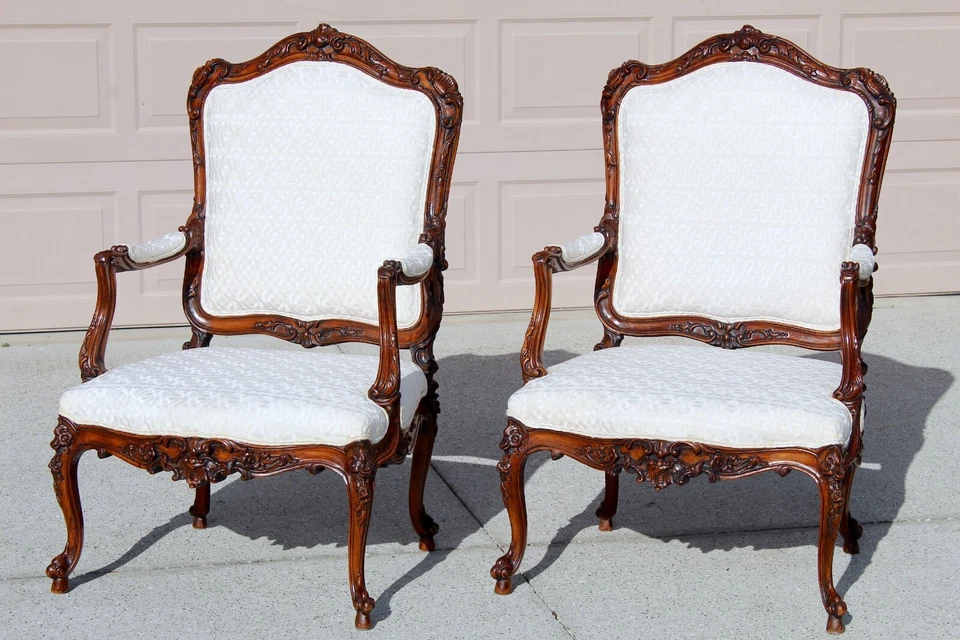 Antique French White Upholstered Walnut Armchairs | 19th Century Hand-Carved - Image 3 of 4