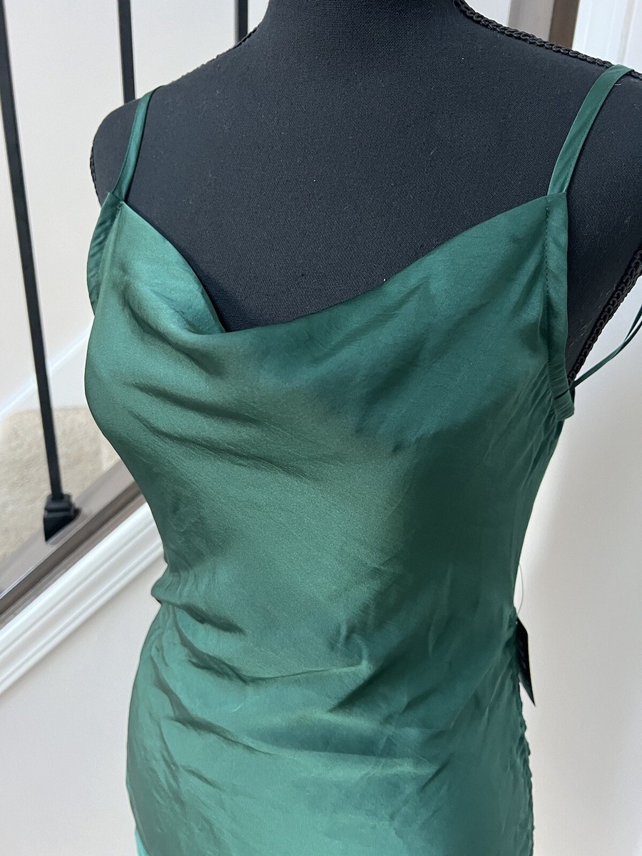 slim fit dress slacks Express 100% Silk Green Ruffle Dress