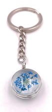 Blue Flowers Flowers Circle Keyring 3D Effect Silver Pendant Keychain