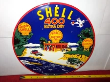 VINTAGE 11 3/4 in SHELL GASOLINE & OIL ADV  SIGN HEAVY METAL PORCELAIN - S 260 B