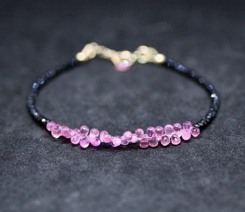 Natural Earth Mined Gems: Black Spinel, Pink Tourmaline Bracelet Solid 14K Gold - Picture 5 of 9