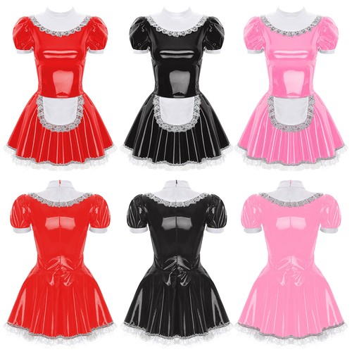 Women Dress Metallic Uniform Satin Maid Costume Anniversary Outfit Wetlook - Picture 4 of 62
